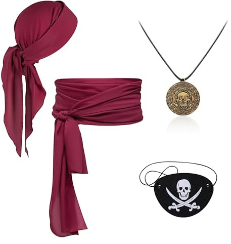 4 Stück Piraten Kostüm Zubehör Set, Piraten Stirnband Taillengürtel Augenklappe Halskette, Mittelalter Piraten Kopftuch Piraten Schärpe, Piratenkostüm Zubehör für Halloween Karneval Piratenparty