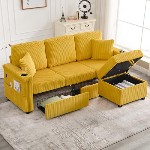 Wyibwy Sofá de 4 plazas con luz LED y puerto USB-C, sofá esquinero en forma de L con reposapiés, contenedor y portavasos, sofás modulares con bolsillos laterales y 2 cajones, pana color amarillo