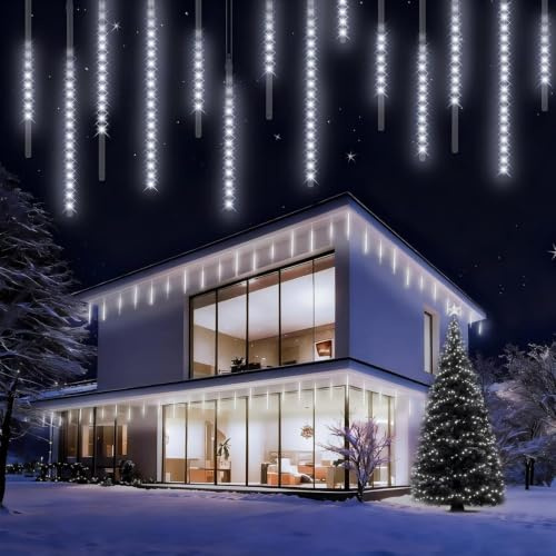 Weihnachtsbeleuchtung Außen,576 LED 16 Röhren je 40 CM Eiszapfen Lichterkette Außen,Wasserdichte Fallende Regen Lichter mit Haken für Weihnachtsdekoration Party Festival,Weihnachtsdeko Aussen Weiß