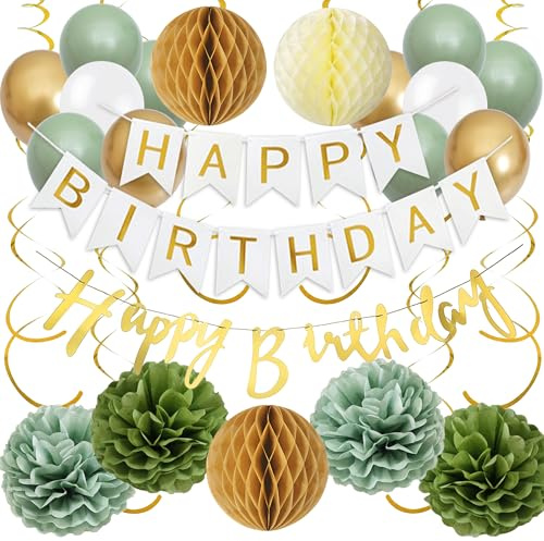 Deko Geburtstag Ballons Girlande Set - Geburtstagsdeko Happy Birthday Banner Luftballons und Spiralen, Papier Pompons Wabenbälle für Frauen Mann Mädchen Jungen Geburtstagsfeier (Grün Gold)