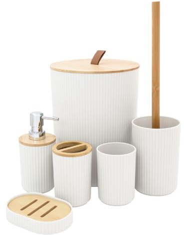 Anika Bathroom Accessory Set/Modern Bathroom Essentials Set/Includes Toothbrush Holder, Waste Bin, Toilet Brush, Cup, Soap Dish and Soap Dispenser (White)