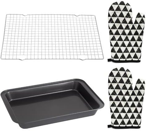 Lot de plaques de cuisson rectangulaires en acier au carbone 43 x 28 5 x 2 5 cm avec grille de refroidissement en acier inoxydable 34 5 x 24 x 1 5 cm et gants de four passent au lave-vaisselle
