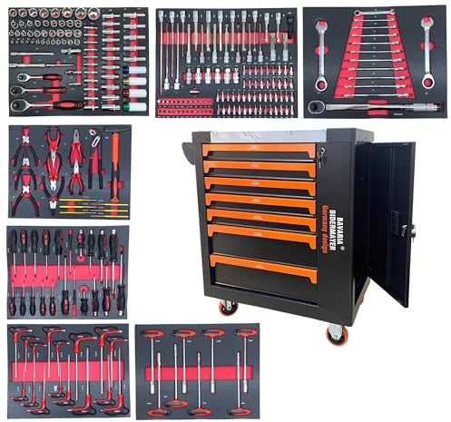 TANIASHOP Carrello da Officina Portattrezzi con 7 Cassetti Pieni con 264 Pezzi + Vano Laterale Carrello Portautensili Cassettiera Completa 2 Ruote Girevoli con Freno per Garage, Officina, Casa