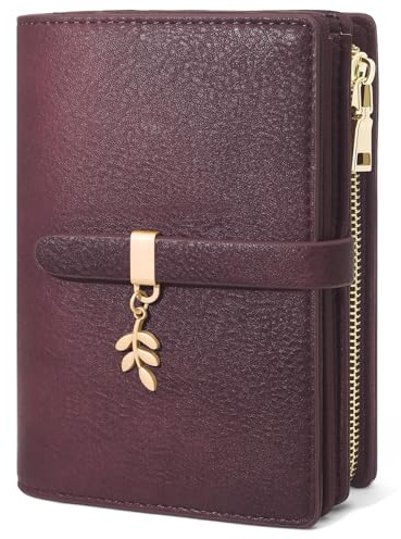 GOUNNU Portafoglio Donna Medio in Pelle PU Blocco RFID Portafoglio Corto Portamonete con Cerniera 20 Scomparti Porta Credito Carte Multi Card Slots Borsellino Portafogli Donna (Rosso Vinaccia)