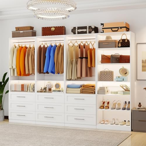 Closet System with 4 Sets, 8FT-21FT Closet Organizer Systems with 9 Wooden Drawers 9 Shelves & 5 Hanging Rods, Walk in Closet freestanding Small Corner Modular Closet Storage System White (8FT)