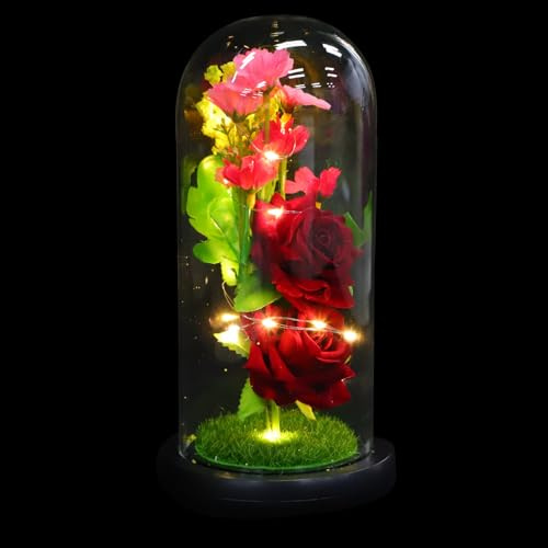 jojofuny Lampe LED de Décoration Romantique avec Fleur Artificielle sous Cloche en Verre Éclairage D’Ambiance pour Saint-Valentin Présent Créatif pour Maison Bureau et Salon Effet