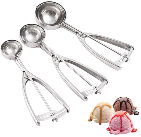 Ice Cream Scoop, 3Pcs Stainless Steel Cookie Scooper with Trigger Release, Melon Baller Scoops, Scooper for Cookie Dough Muffin Baking & Dessert, Fruit and Meatball, 3 Size - Large/Medium/Small