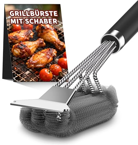 3-in-1 Edelstahl Grillbürste – 42 cm Reintec Grillrost Reiniger mit Schaber und Bürste, Robustes Reinigungsset für Gasgrill, Holzkohlegrill (Grillzubehör)