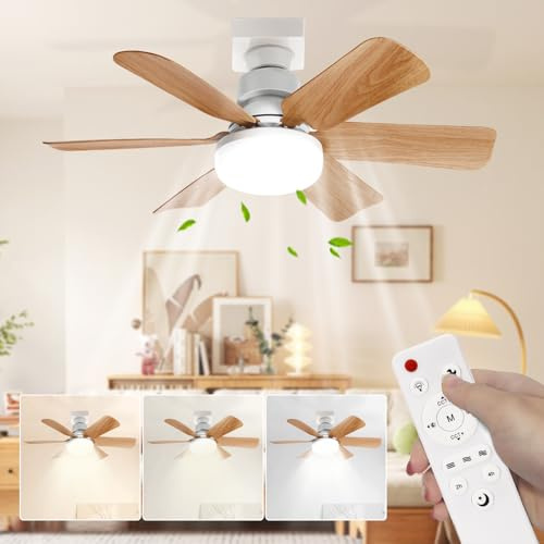 Ceiling Fans with Lights and Remote,20 Inches,Wood Grain,3-Speeds,Stepless Brightness & Color Temperature Adjustment,Fan Lights Ceiling for Bedroom,Balcony,Corridor,Living Room( for E27 Lamp Holder)