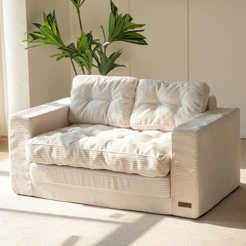 MAXYOYO Canapé Lit, Canapé 2 Places Convertible avec 2 Coussins, 2 en 1 Sofa Confortable en Tissu Cordonné, Espace de Repos Pliable 113x190CM, Mousse Épaisseur 15cm