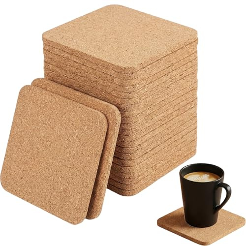 24 Stück Korkuntersetzer, 10 * 10cm Eckige Untersetzer aus Kork, Schutz vor Wasserflecken und Hitzespuren für Möbel, Ideal für Haushalt Büro und Gastronomie, Quadratisch 10 cm Größe mit 3 mm Stärke