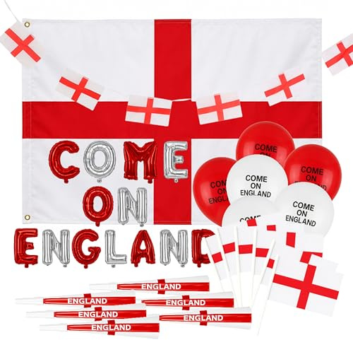 England 2026 Decorations - Come On England Football Party 6 piece Set - 16 Foil Balloons, 10 Balloons, XL Flag, 12 Bunting, Paper Hands Flags & Horns. St Georges Day Decorations