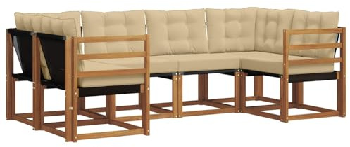 Yisssmeng Set di divani da giardino da 6 pezzi, in legno di acacia massiccio con cuscini, moderno divano angolare per giardino, terrazza e piscina, naturale e beige