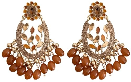 Paire de boucles d'oreilles pendantes bohème pour femme, style chandelier avec perles orange, fleur ajourée, crochet, 7 x 3,5 cm, bijou mode exotique au charme rétro