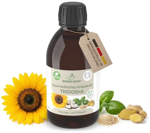MASSAGE-EXPERT Ayurveda Kräuteröl TRIDOSHA – Natürliche Ölmischung mit Kräuterextrakten für Massage & Pflege (250 ml rePET-Flasche mit Spritzeinsatz)