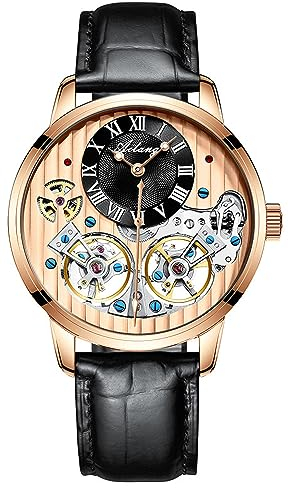 B BINGER Herren Automatik Uhren Skelett Ailang Serie Lederband Männer Armbanduhr (Roségold Schwarz)