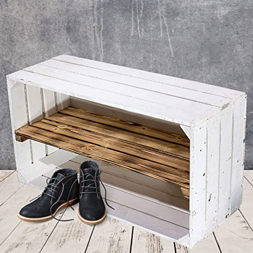 3 breite weiße Obstkisten mit geflammtem Mittelbrett 68cm x 40cm x 31cm Holzregal quer mit Zwischenbrett Weinkisten klassisch DIY Vintage-Style Gartenmöbel Fach flambiert