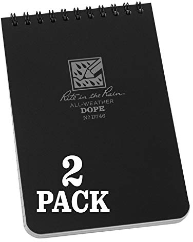 Rite in the Rain Weatherproof Top Spiral DOPE Logbook, 4 x 6, Black Cover, DOPE pattern front, Universal pattern back, 2 Pack (No. D746L2)