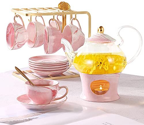 DUJUST Kleiner Tee-Set für Frauen, Marmor-Textur und Goldene Zierleiste, Rosa Porzellan-Tee-Party-Set für Mädchen, 1 Teaarte (650ml), 6 Tassen (120 ml), 6 Untertassen, 1 Regal & 1 Wärmer