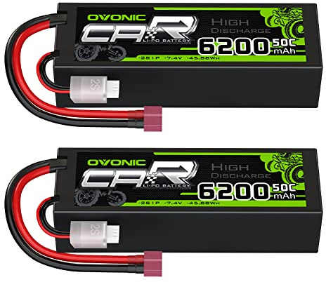 OVONIC 2s Lipo Akku 7,4V 6200mAh Akku 50C mit T Stecker Hardcase (2 Stück) | für RC Auto Evader Truck Truggy BX Quadcopter Hubschrauber LKW Boot Flugzeug