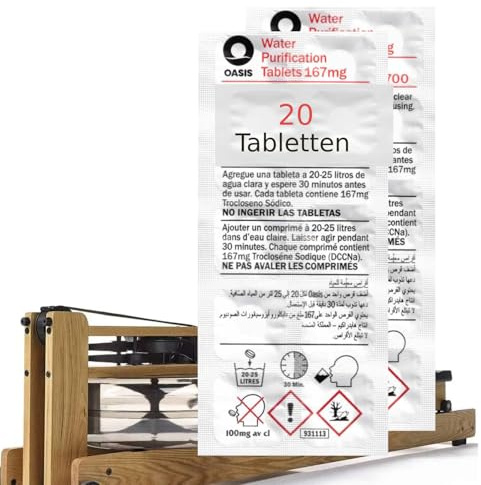Chlortabletten für Water Rower Rudergerät, 20x Tabletten, Oasis Chlor Tabletten, Beseitigt Algen, Bakterien und Viren (2 Jahresbedarf, pro Tablette 25L entkeimtes Wasser)