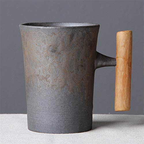 Japanese-style Vintage Ceramic Coffee Mug Tumbler Rust Glaze Tea Milk Beer Mug with Wood Handle Water Cup Home Office Drinkware (Style-2 B)