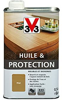 V33 Huile & Protection Pour Meubles et Boiseries Miel 0,5L | Nourrit et respecte l'aspect naturel du bois, Protège de l'eau et des taches, Application facile sans essuyage
