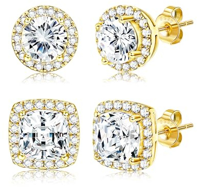 Hayoso 18K Gold Plated Halo Stud Earrings 925 Sterling Silver Cubic Zirconia, Round Square Diamonique Stud Earrings Set for Women Men - Gold