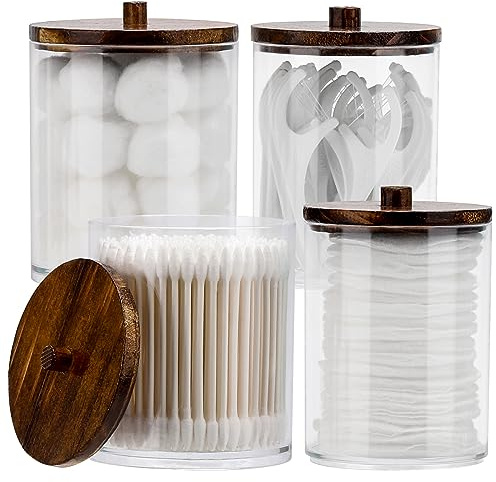 Tbestmax 4 Pack Qtip Holder Dispenser Cotton Ball, Cotton Swab, Floss - 12oz, 10 oz Clear Plastic Apothecary Jars for Bathroom Organizer and Storage Containers (Brown Wood Lids)