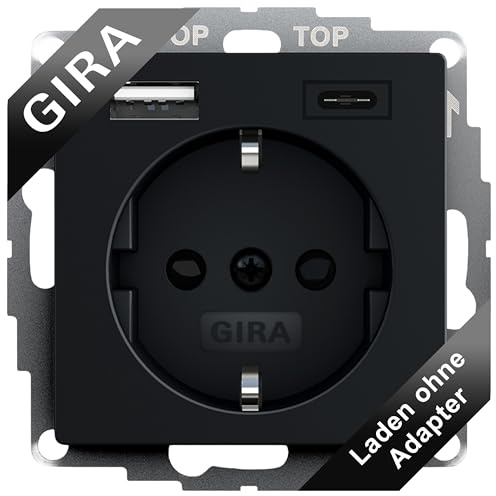 Gira USB Steckdose Schuko Standard 55 Schwarz matt I 2-fach USB Typ-A & Typ-C Ladeanschluss max.2,4A/3A I Unterputz Berührungsschutz 2459005 I 32 mm Einbautiefe I System 55