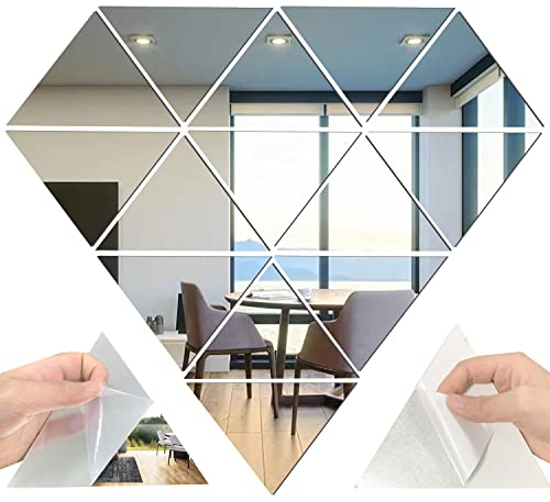 Lot de 14 autocollants muraux triangulaires en acrylique - Réglage amovible - Miroir DIY pour la maison, la chambre à coucher, la décoration de fond (argenté)