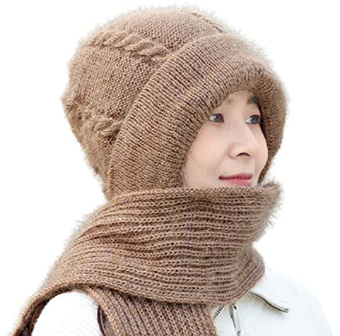 LAKEMON Integrierter Ohrenschutz, winddichter Mützenschal, Dicker, Warmer Ohrenschutz, modische, warme Winter-Strickmütze für Frauen (Khaki)