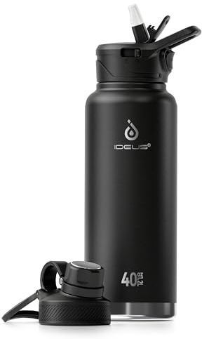 IDEUS Vakuumisolierte Wasserflasche, 40oz (1140 ml) Edelstahl Doppelwand Flasche Metall Sport Kantine mit auslaufsicherem Schraubverschluss (Schwarz)