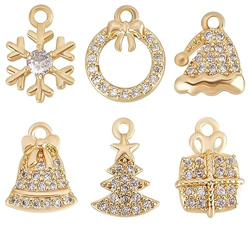 Beebeecraft 12 Stück 6 Stile Weihnachtsanhänger 18K Vergoldet Bäume Schneeflocke Geschenk Glocke Hut Kranz Zirkonia DIY Schmuckherstellung Anhänger Für Armband Halskette Bastelbedarf