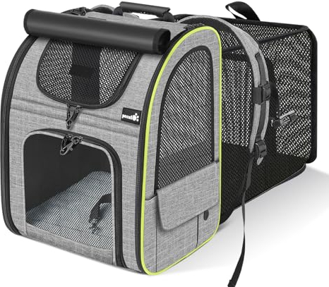 pecute Haustier Rucksack mit Netzfenster, Erweiterbarer Platz, Tragbare & Faltbare Katzentasche mit Vorhang Oben, Atmungsaktive Hundetasche, Wasserdichtes Oxford-Tuch, Ideal für Reisen, Grau L
