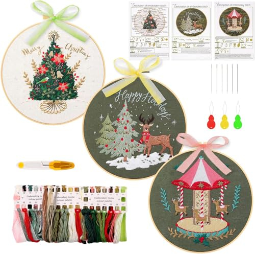 frock 3 Stk. Sticken set Erwachsene Weihnachten, Stickerei Starter Kit mit 1 Stickrahmen, 3 Sticktuch mit Muster Vorlagen und Anleitung, Embroidery Kit mit Stickgarn, Nadeln und Nähen Tools