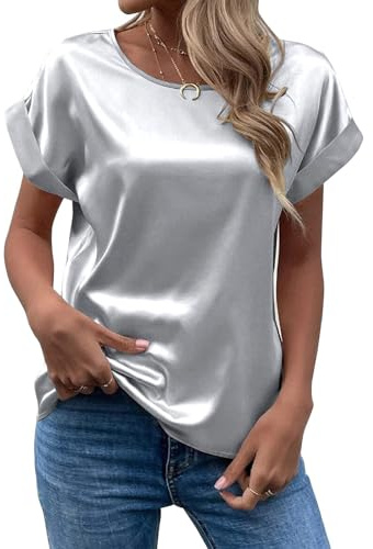 MINTLIMIT Womens Short Sleeve Satin Silk Blouse Rolled Round Neck Summer Casual Office Work Shirt 2024, Grey