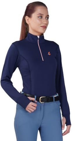 Preto Haut thermique athlétique à manches longues pour femme – Vêtements et équipement équestres pour l'équitation (bleu marine/sorbet), Bleu marine/Sorbet, XX-Large plus