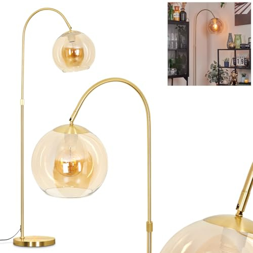 Stehleuchte Koyoto, Stehlampe aus Metall/Glas in Messing/Bernstein, Leuchte im Retro/Vintage/Industrial-Design mit Schirm aus Glas (Ø 25 cm) u. Fußschalter, Höhe 140 cm, 1 x E27, ohne Leuchtmittel