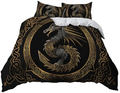 Noir et Or Parure de lit 220x240 cm Adulte 2 Personnes Sets de Housse de Couette Microfibre Dragon runique de Style Viking Linge de Lit avec Fermeture éclair et 2X 65x65cm Taies d'oreiller