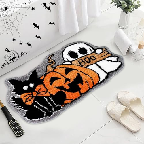 Jenshhch Halloween Deko Badezimmermatte, Kürbis Geist Halloween Fußmatte, rutschfest Halloween Türdeko, Lustige Fußmatte Halloween Kürbis Geist, Waschbar Halloween Deko Haustür (Katze Boo)