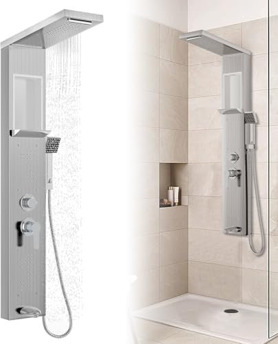 Froadp - Pannello doccia in acciaio inox, sistema doccia a parete con 5 funzioni: doccia a pioggia, con doccetta, doccia massaggiante, doccia a cascata, set doccia completo a colonna (argento)