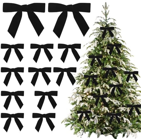 12 Pcs Velvet Christmas Tree Bows - 4.72 Inch Velvet Bows for Christmas Tree, Vintage Ribbon Velvet Bows for Wreaths, Gifts,Door, Garland, Home Decor, Christmas Tree Bows for Christmas (Black)