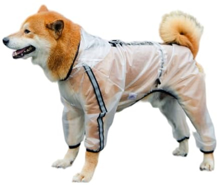 OTKARXUS Wasserdichter Hunde-Regenmantel, transparent, mit reflektierenden Streifen und Kapuze, Overall für Welpen, kleine, mittelgroße Hunde, transparent, Größe 5XL