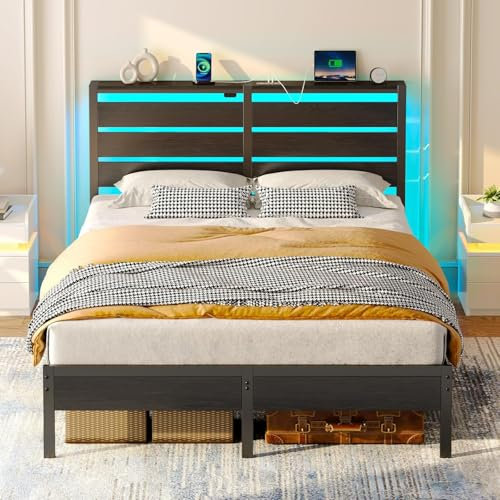 CLIBFENG 14 Inch Classic Metal Platform Bed Frame-Full Size Bed Frame with Headboard,Steel Slats Support-LED Bed Frame with USB Charging Station,Under Bed Storage,No Box Spring Needed,Noise Free