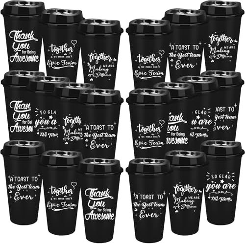 OJMHD 30 Pcs Thank You Gifts Plastic Coffee Cups with Lids, 470 ml Reusable Party Tumbler Bulk, Black Inspirational Drinking Mugs for Women Men Party Encouragement Appreciation Teamwork Staff Nurse