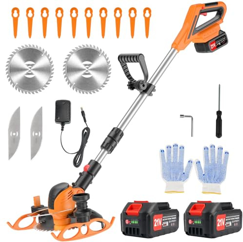 Desbrozadora a Batería, 2-EN-1 Bordeadora Eléctrica de para Jardín, Césped, Arbustos (2 x 2000mAh Baterías, 10 x Cuchillas de Plástico, 2 x Cuchillas de Metal y 2 x Hojas de Sierra)