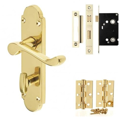 Epsom Design Victorian Shaped Backplate Scroll Style Bathroom Door Handle 170mm X 40mm Polished Brass with Bathroom Mortice Lock Set with 1 Pair of 3 Hinges