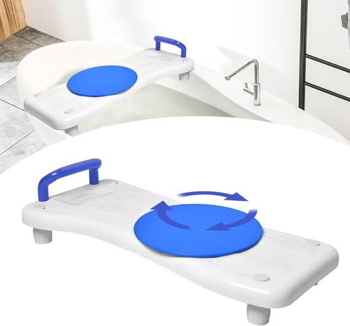 ACXIN Badewannenbrett für Senioren - mit Seifenablage und Blau Griff, Badewannensitz Sitzbrett, 41-63 cm Einstellbar, Duschbrett mit Drehscheibe, bis zu 150 kg Belastbarkeit