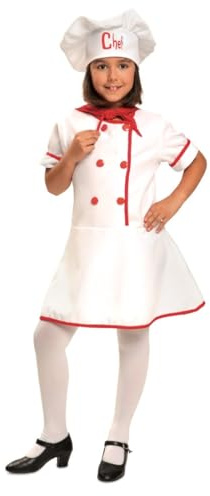 My Other Me - Costume Cuoco Ragazza, Taglia 10-12 anni. Include cappello con ricamo Chef in rosso, abito bianco con bottoni e bordi rossi e fazzoletto abbinato. Perfetto per piccoli chef.
